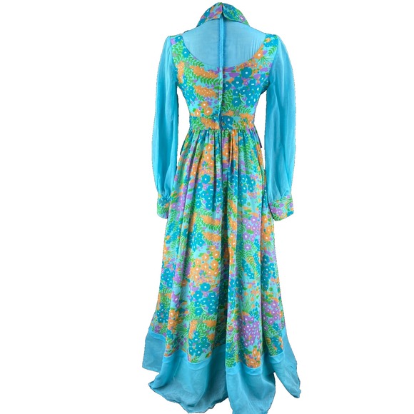 Vtg 60s MOD Maxi Dress XS/S Chiffon Flower Power Psychedelic Hippie‎ Gown Floral - Picture 7 of 13